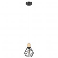 Eglo 205587A - 1LT Open Frame Metal Pendant With Structured Black Finish and Wood Accent. 1-60W E26 Bulb