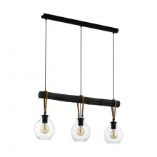 Eglo 43618A - Rodding - 3 LT Linear Pendant with Structured Black Finish Brown Roping and Clear Glass Shade