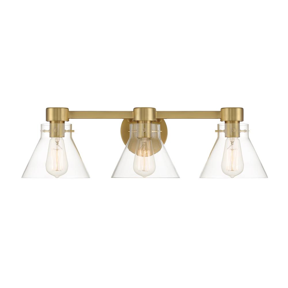 Willow Creek 25 in. 3-Light Brushed Gold Contemporary Vanity Light with Clear Blown Glass Shades